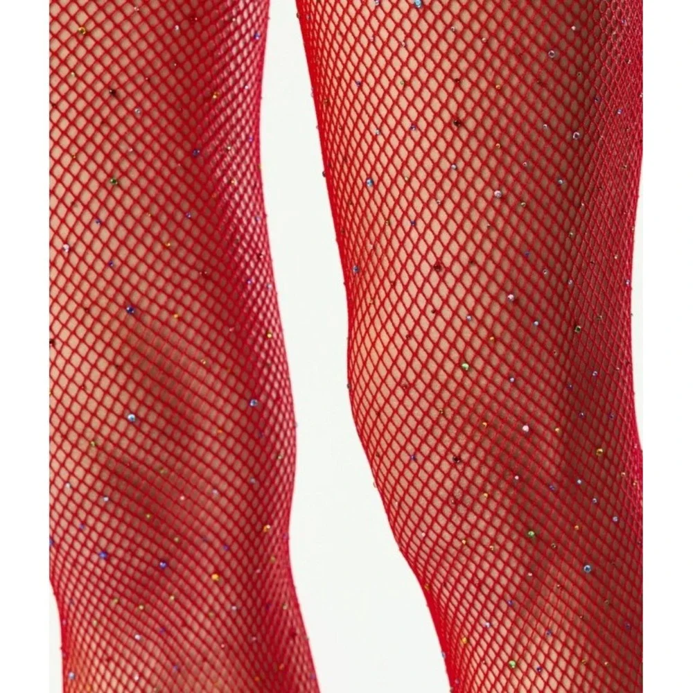 Songs of Siren Red Fishnet Rhinestone Tights Crystal Embellished Hosiery